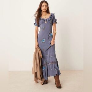 Free People Bali Santa Cruz Dress Sm Indigo Puff Sleeve Floral Embroidered Maxi